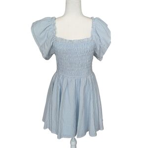 TCEC Light Blue Puff Sleeve Square Neck Smocked Mini Dress Size Medium